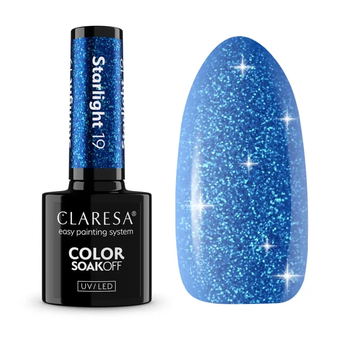 Butelka żelowego lakieru do paznokci Claresa Color Soak Off jest pokazana obok próbki błyszczącego niebieskiego lakieru brokatowego o nazwie Starlight 19.