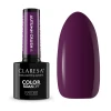 Butelka lakieru do paznokci Claresa Color Soak Off UV/LED o nazwie Autumn Crush 6 jest pokazana obok próbki fioletowego lakieru do paznokci.