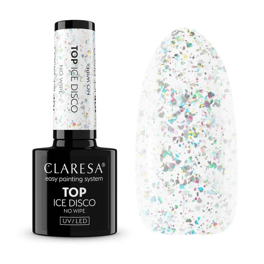 Buteleczka lakieru do paznokci Claresa Top Ice Disco UV/LED pokazana obok próbki z przezroczystą bazą z wielokolorowymi płatkami brokatu.