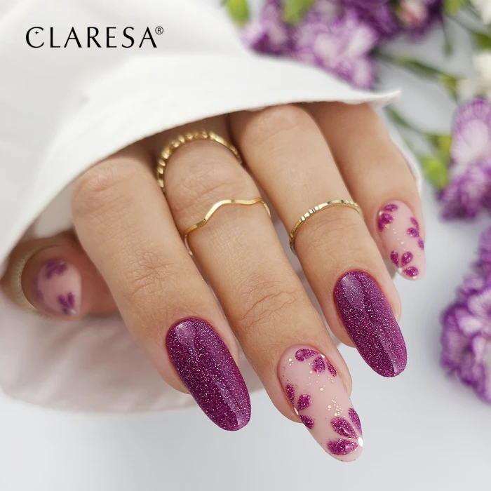 zestaw do fioletowego mani w kwiaty – lakiery hybrydowe Claresa Starlight 4, Glitter 3 i Top Mat No Wipe.webp