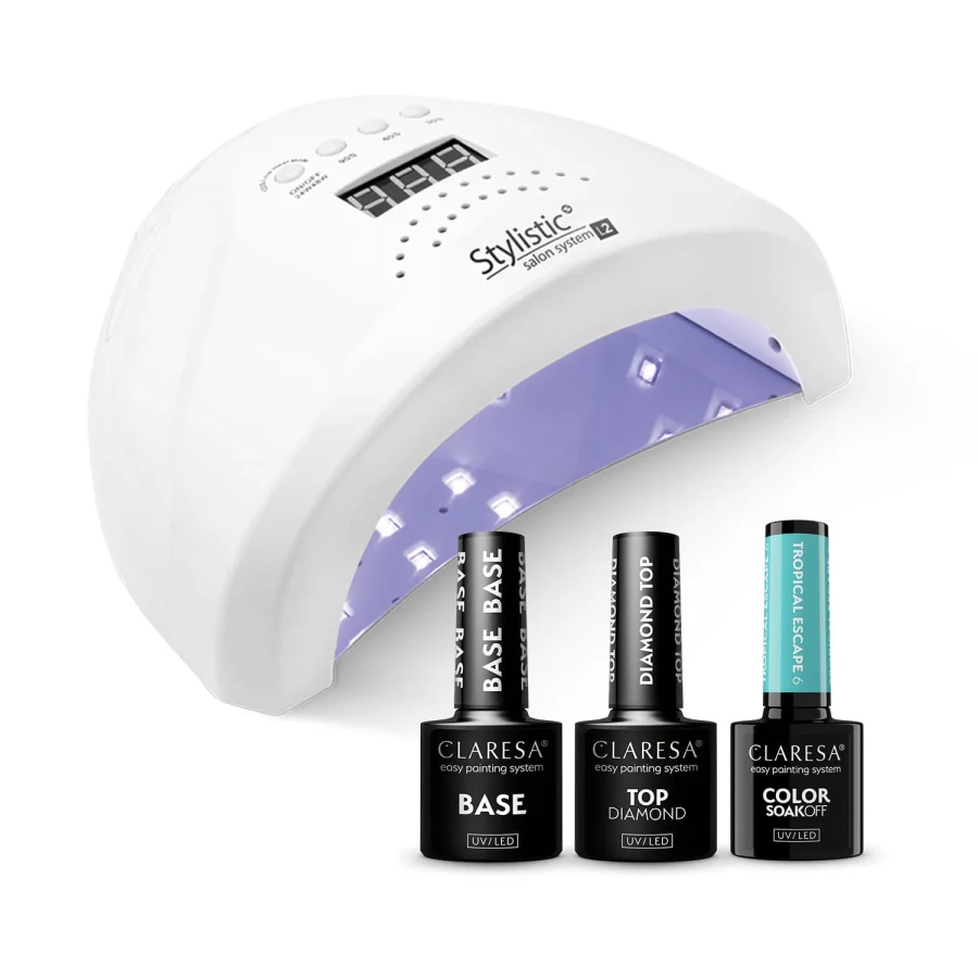 zestaw startowy do manicure hybrydowego z lampa uv/led i kolorem turkusowym.webp