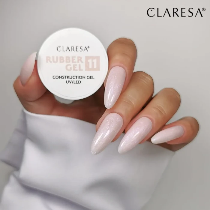 Rubber gel 11 jasny róż z niebiesko-różowymi drobinkami.webp