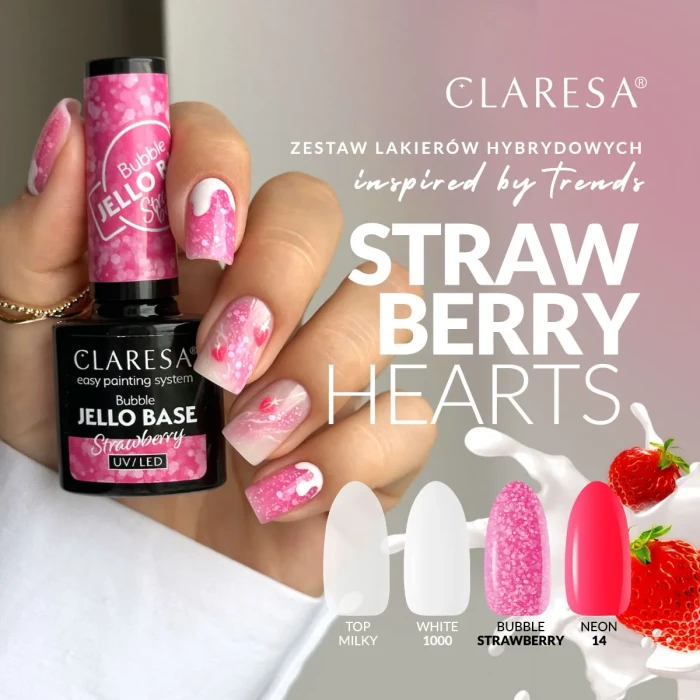 Zestaw lakierów hybrydowych Claresa na truskawkowo mleczny manicure – baza bubble Strawberry, White 1000, Neon 14 i Top Milky No Wipe