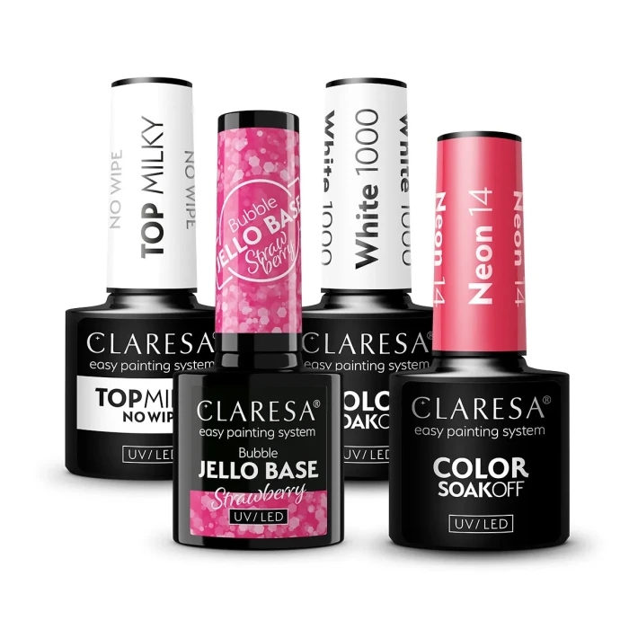 Zestaw lakierów hybrydowych Claresa na truskawkowo mleczny manicure – baza bubble Strawberry, White 1000, Neon 14 i Top Milky No Wipe