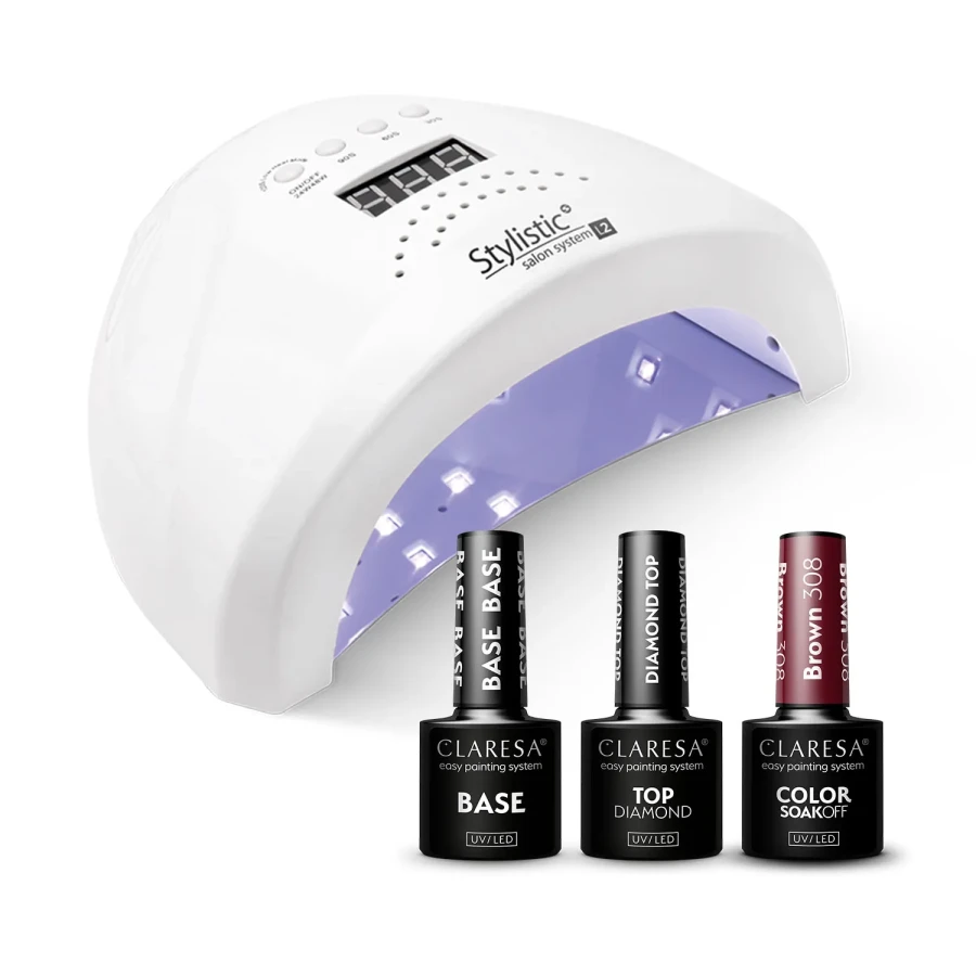 zestaw startowy do manicure hybrydowego z lampa uv/led i kolorem bordowym.webp