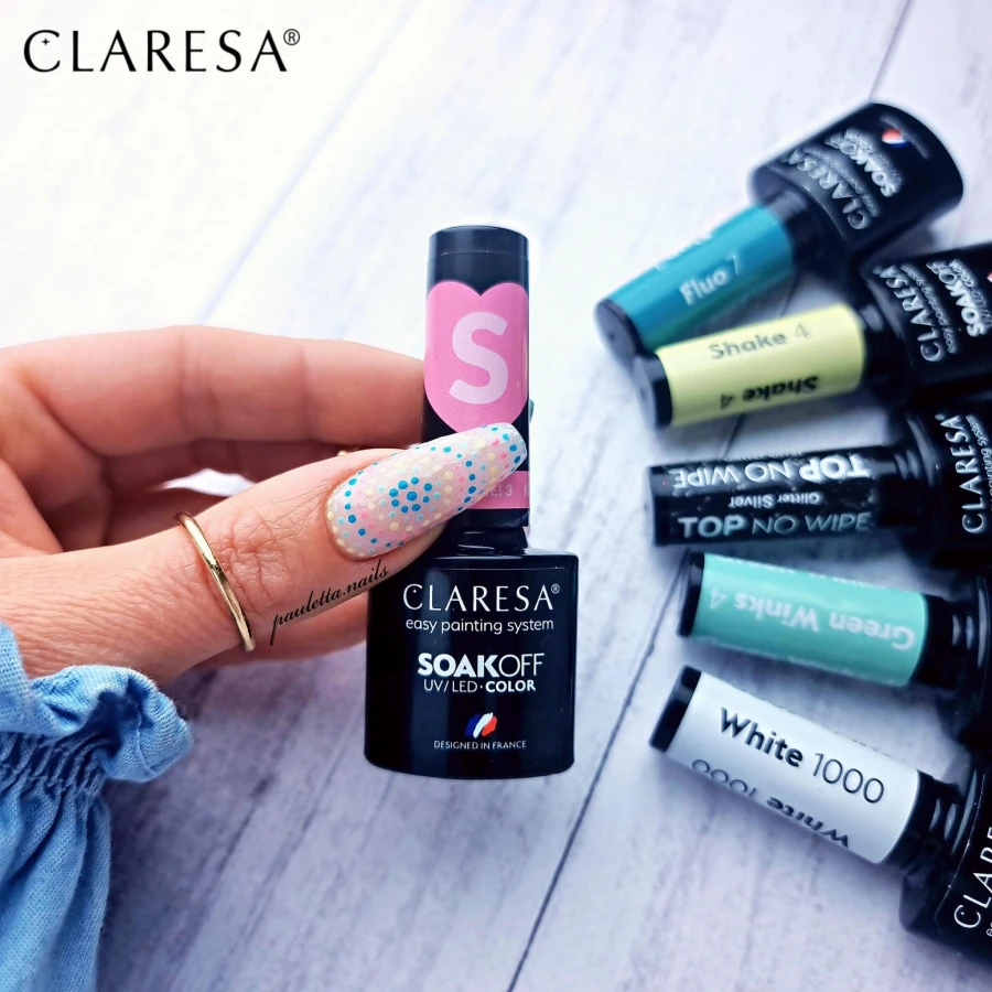 Manicure hybrydowy z Cover Gel, Kiss Me 3, White 1000, Green Winks 4, Fluo 7, Shake 4, Top glitter silver